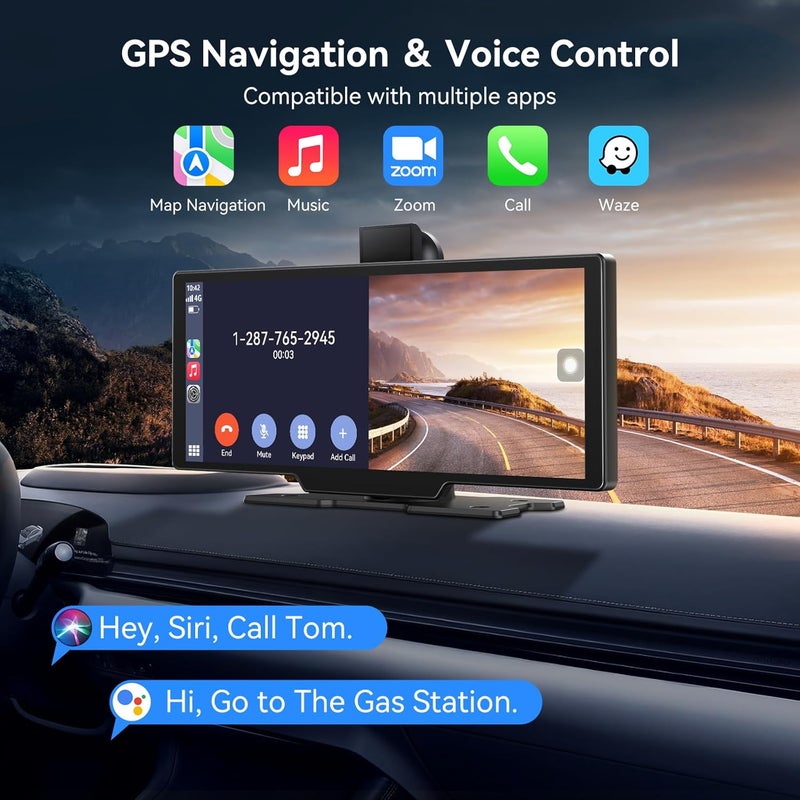 Carpeer Portable Apple Carplay Screen for Car, 10" Wireless Car Play Touchscreen with 4K Dash Cam, 1080P Backup Camera, Carplay&Android Auto, Loop Recording, GPS Navigation, Bluetooth - Image 3